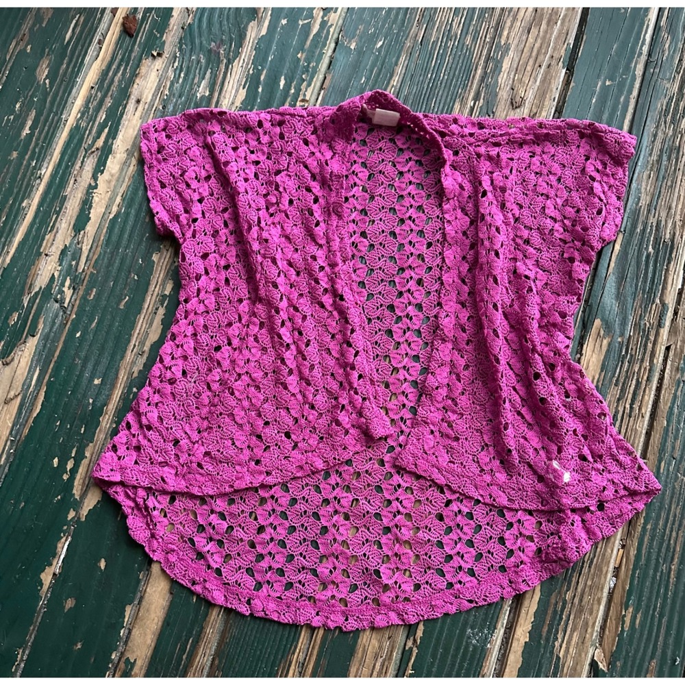 Y2k Self Esteem Magenta Pink Crochet Lace Open Front Shrug Cardigan Medium.